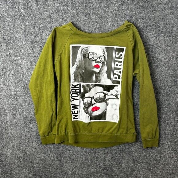 ON Fire Womens Graphic Tee Green Long Sleeve Paris New York Large - Picture 1 of 5